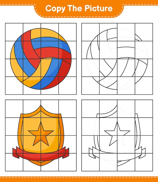 Copiez L'image, Copiez L'image Du Volleyball Et Du Trophée En Utilisant Des Lignes De Quadrillage. Jeu éducatif Pour Enfants, Feuille De Calcul Imprimable, Illustration Vectorielle