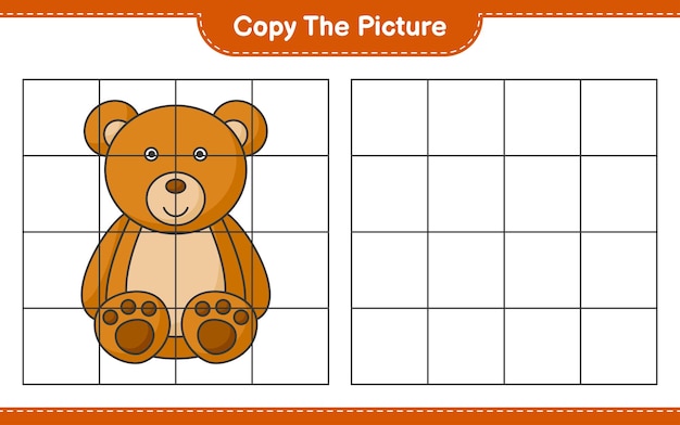 Copiez l'image copiez l'image de l'ours en peluche à l'aide de lignes de grille Illustration vectorielle de feuille de travail imprimable jeu éducatif pour enfants