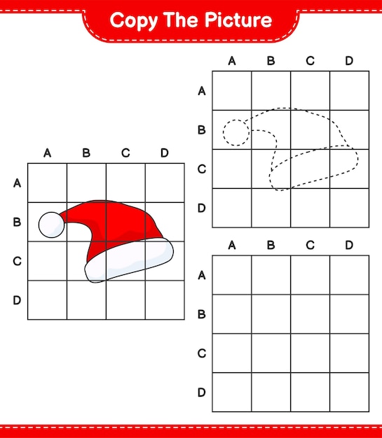 Copiez L'image, Copiez L'image De Santa Hat En Utilisant Des Lignes De Quadrillage. Jeu éducatif Pour Enfants, Feuille De Calcul Imprimable, Illustration Vectorielle