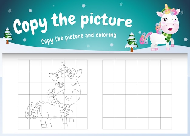 Copiez L'image Du Jeu Pour Enfants Et De La Page à Colorier Avec Une Jolie Licorne Utilisant Un Costume De Noël