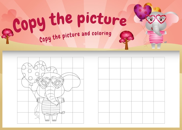 Copiez Le Jeu D'images Pour Enfants Et La Page De Coloriage Avec Un éléphant Mignon En Utilisant Le Costume De La Saint-valentin