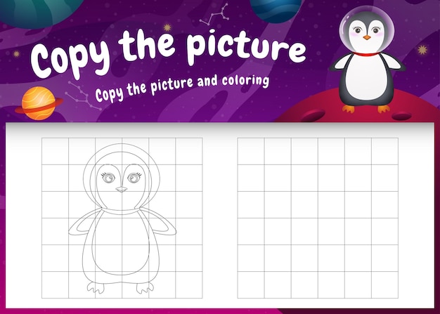 Copiez Le Jeu D'images Pour Enfants Et La Page De Coloriage Avec Un Joli Pingouin Dans La Galaxie De L'espace