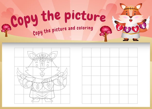 Copiez Le Jeu D'images Pour Enfants Et La Page De Coloriage Avec Un Renard Mignon En Utilisant Le Costume De La Saint-valentin