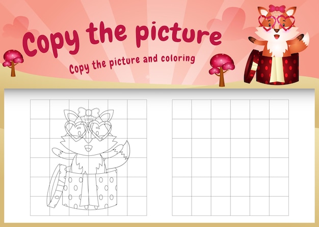 Copiez Le Jeu D'images Pour Enfants Et La Page De Coloriage Avec Un Renard Mignon En Utilisant Le Costume De La Saint-valentin