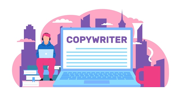 Copywriter travaillant avec un ordinateur portable écrivant des articles pour un blog ordinateur énorme et homme minuscule personnage indépendant moderne profession créative illustration isolée de style plat de dessin animé concept vectoriel