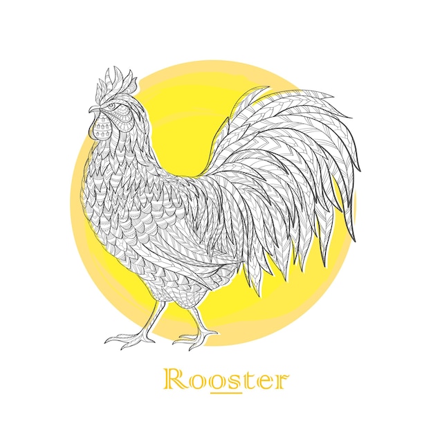 Vecteur coq dessiné à la main dans un style doodle sur cercle jaune