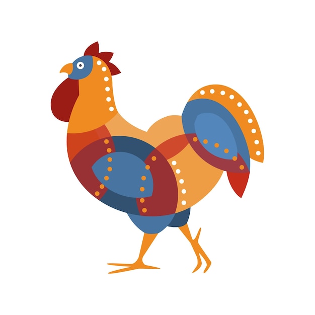 Coq Ferme Oiseau Coloré Dans Un Style Artictique Moderne Rempli De Formes Géométriques Bleu Rouge Et Orange Motif De Petits Points Illustration Colorée