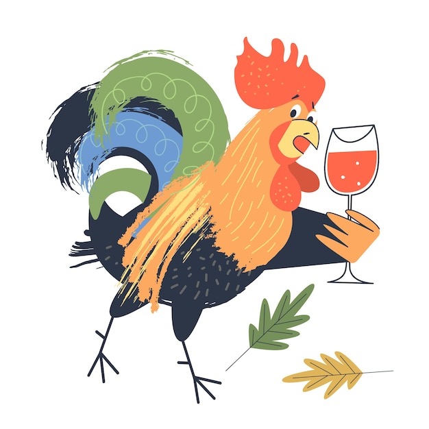 Vecteur coq gai lumineux avec un verre de vin rouge illustration vectorielle sur fond blanc