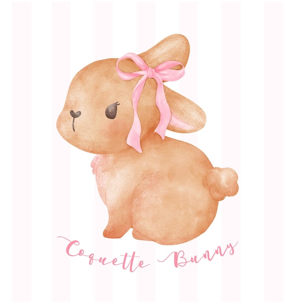 Vecteur coquette bunny adorable lapin brun avec un nœud à ruban rose aquarelle peinture esthétique
