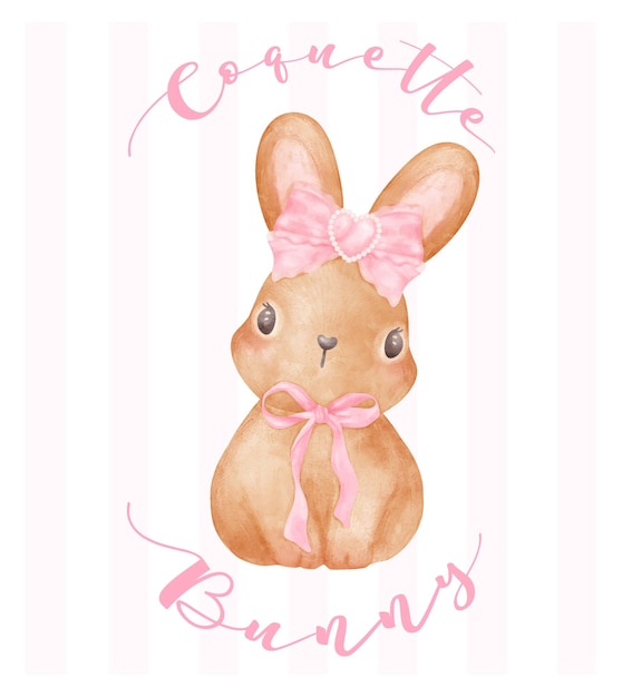 Coquette Bunny Lapin Brun Avec Un Nœud à Ruban Rose Aquarelle Peinture Esthétique