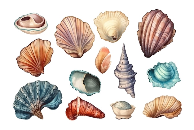 Coquillages marins isolés sur fond Illustration vectorielle de dessin animé