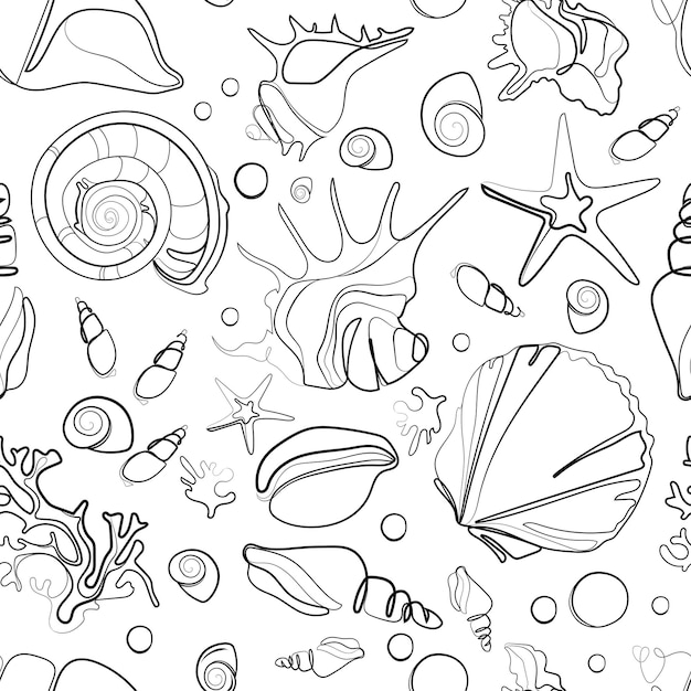 Vecteur des coquillages de mer à motif sans couture croquis en noir et blanc illustration vectorielle
