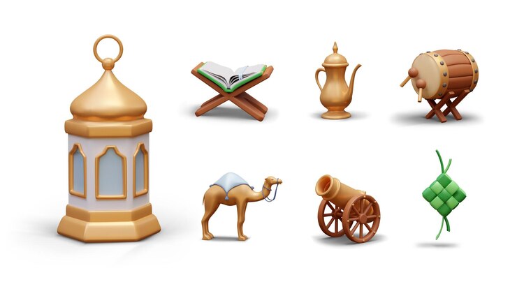 Coran 3D sur support de livre bouilloire métallique tambour bedug lanterne arabe canon de chameau ketupat