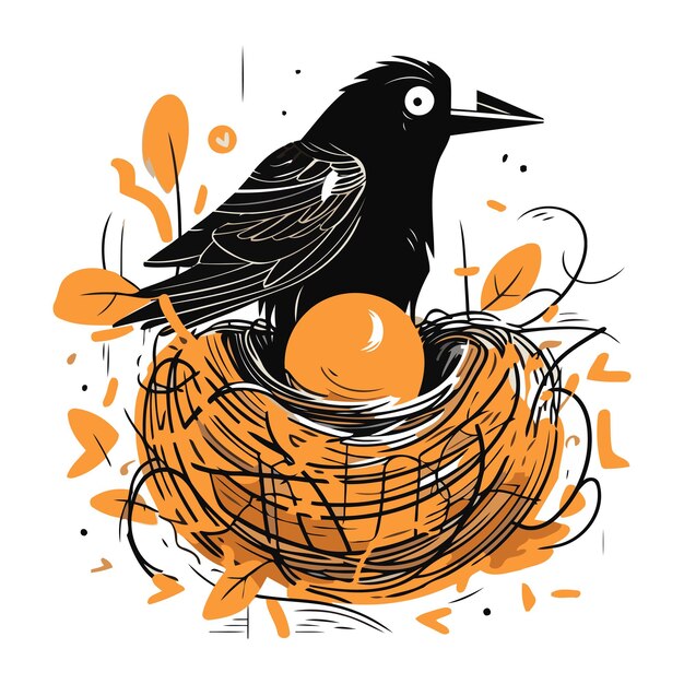 Vecteur corbeau assis dans le nid avec des œufs illustration vectorielle dessinée à la main
