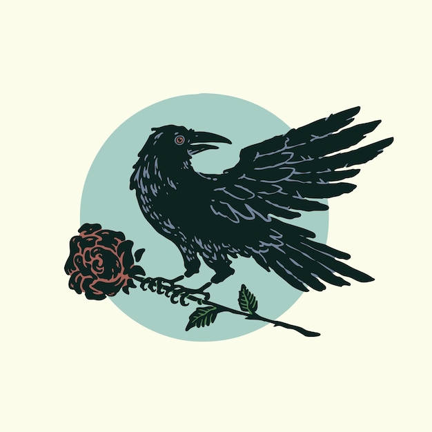 Corbeau Et Les Roses Illustration Dessinée à La Main Vintage