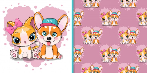 Corgi De Chien De Dessin Animé Mignon Avec Chaton Mignon