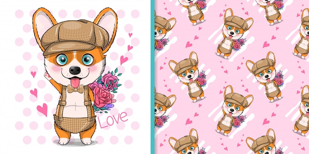 Corgi De Chien De Dessin Animé Mignon Avec Des Fleurs