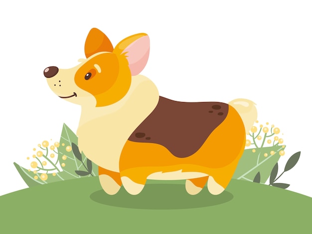 Vecteur corgi gallois de dessin animé mignon avec des éléments floraux.