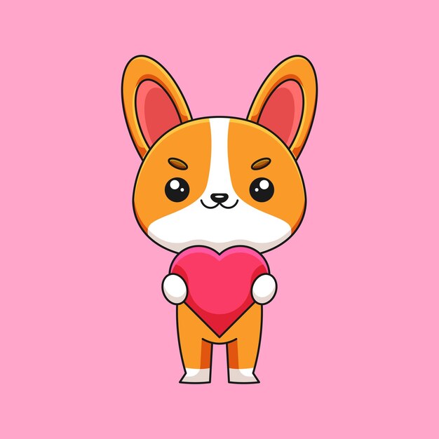 Corgi mignon tenant amour coeur dessin animé doodle art dessinés à la main concept vecteur kawaii icône illustration