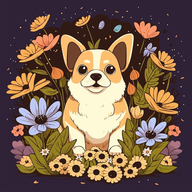 Vecteur corgi parmi les fleurs