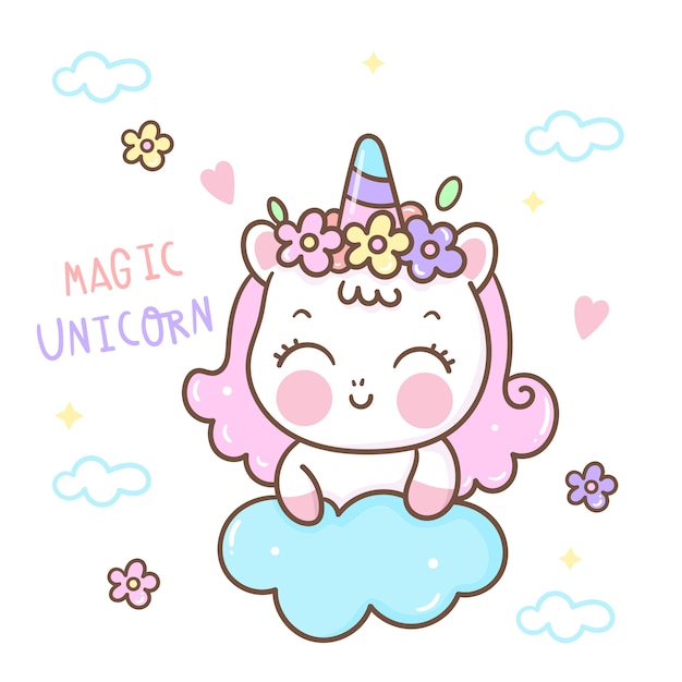 Corne De Vecteur Mignon Licorne Avec Animal De Conte De Fées De Dessin Animé Kawaii Fleur