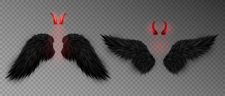 Vecteur cornes de diable et ailes noires cornes rouges brillantes de démon et ailes réalistes costume d'ange noir