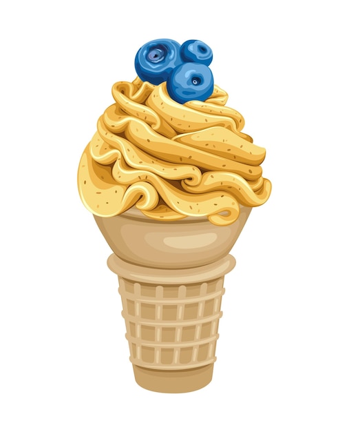 Vecteur cornet crème glacée crème myrtille nourriture sucrée boisson froide illustration vectorielle