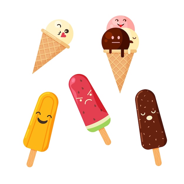 Cornet de crème glacée kawaii. Personnages de dessins animés de sucettes glacées. Illustration vectorielle isolée sur blanc.