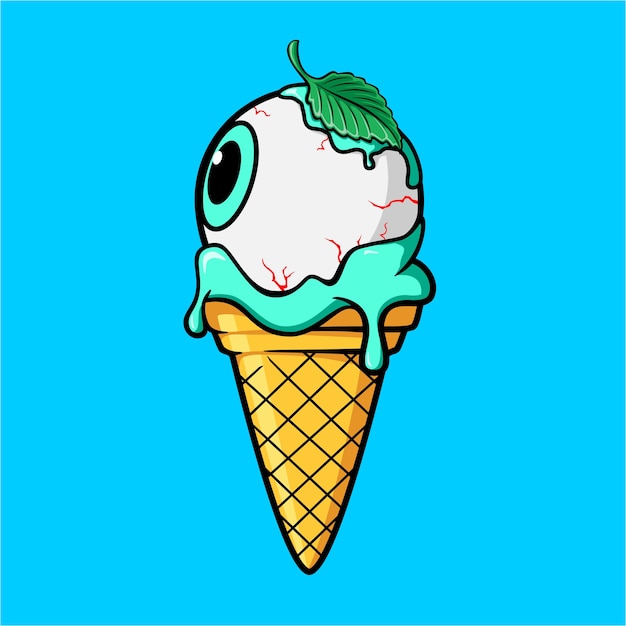 Cornet De Glace Avec Boule D'oeil Froid Et Feuilles De Menthe