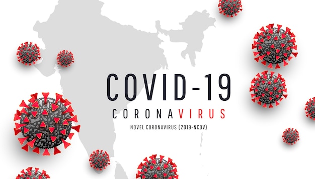 Coronavirus ou Covid-19. Cellule de coronavirus rouge sur fond de carte mondiale de l'Inde. Épidémie, pandémie, médecine, vaccin contre le virus. Propagation et infection mondiales du virus