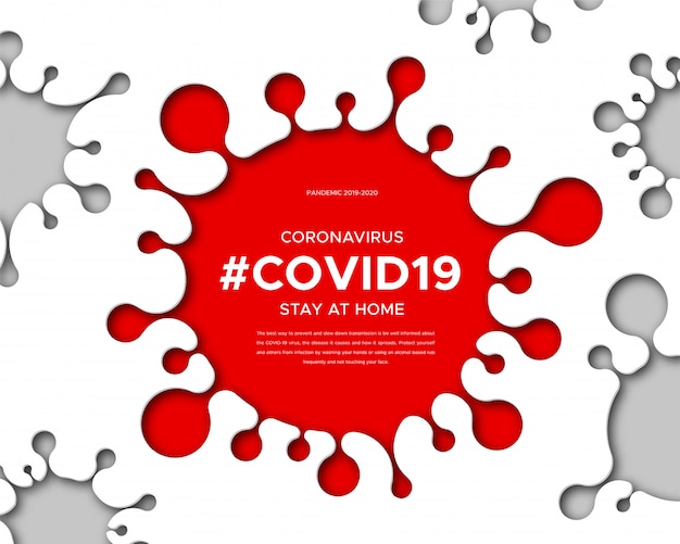 Vecteur coronavirus disease 2019-ncov, bannière d'information sur la maladie infectieuse. art papier de silhouette de virus, texte et hashtag covid19. la pandémie mondiale menace la santé des gens.