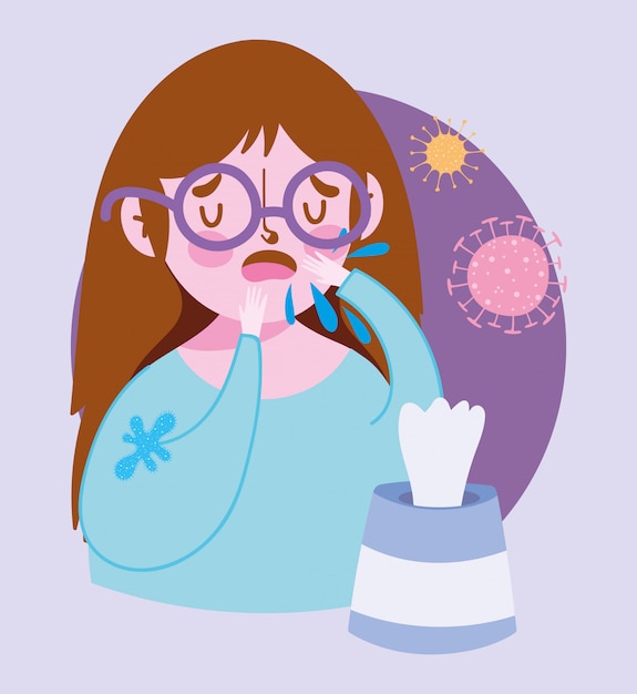 coronavirus, toux de fille avec du papier de soie, maladie respiratoire
