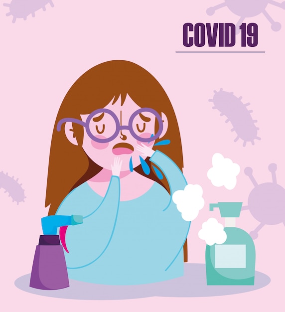 coronavirus, toux fille avec des produits désinfectants
