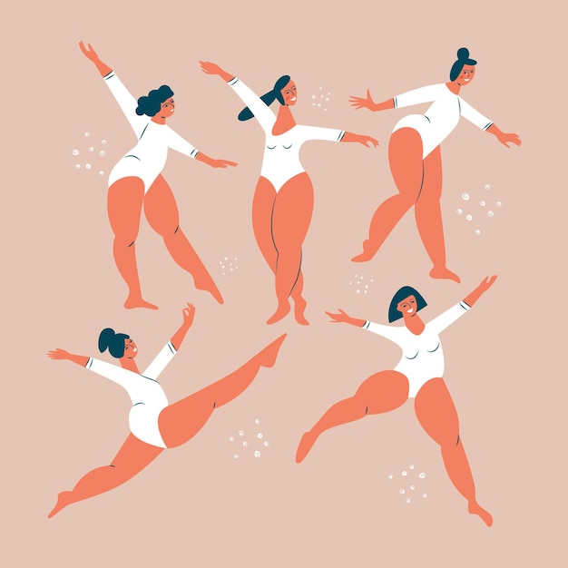 Corps Positif Souriant Et Dansant Plus Femmes De Taille En Maillot De Bain Filles Potelées Gymnastes Et Ballerines Attrayant Personnage Féminin De Dessin Animé En Surpoids Illustration Vectorielle Plane Fond Isolé