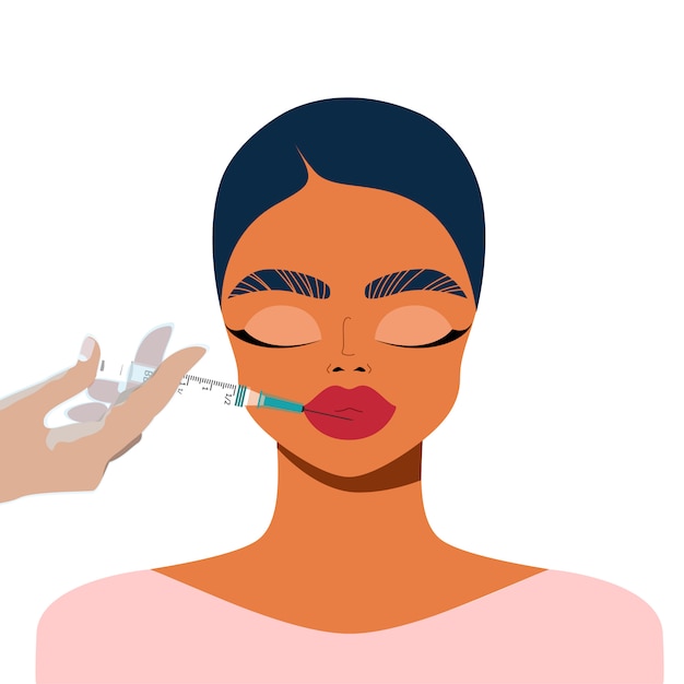 Correction Des Lèvres Avec Remplissage. Visage De Femme Et Main Tenant La Seringue. Industrie De La Beauté Et Concept D'injection. Injections Labiales. Procédure De Correction Du Visage. Remplisseurs De Lèvres.