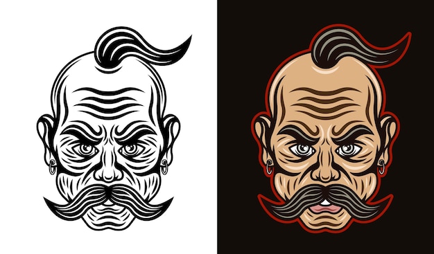 Cosaque ukrainien avec illustration vectorielle de moustache dans deux styles noir sur blanc et coloré sur fond sombre