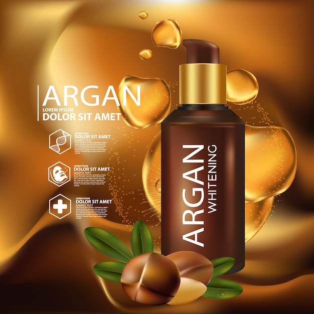 Vecteur cosmétique d'illustration réaliste avec des ingrédients cosmétiques de soin de la peau à l'huile d'argan