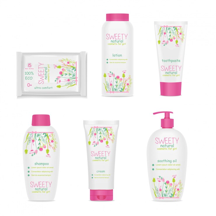 Cosmétique pour enfants. Emballages blancs, bel ornement floral.
