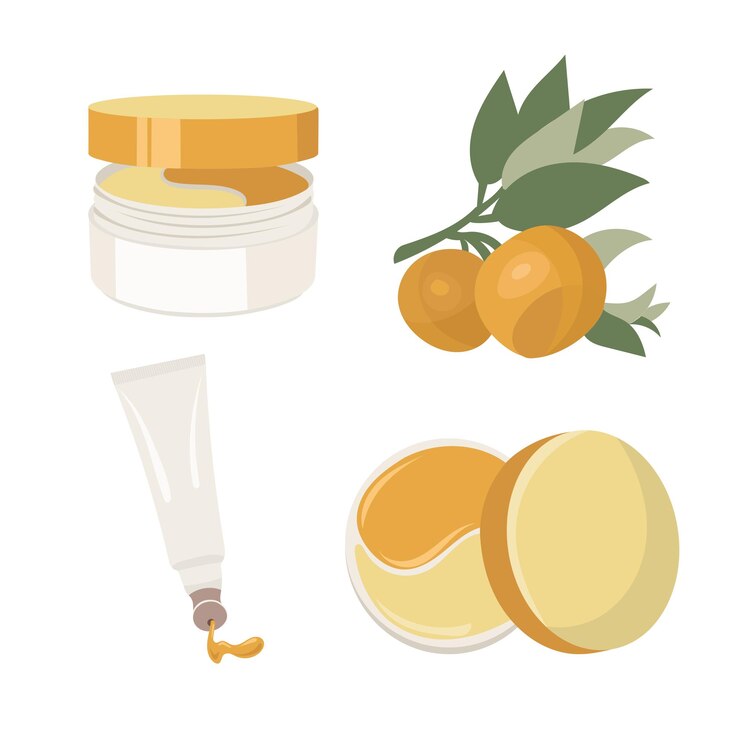 Vecteur cosmétique vitamine c. soin de beauté des yeux avec patchs éclaircissants hydratant, crème pour les yeux en tube. vecteur.