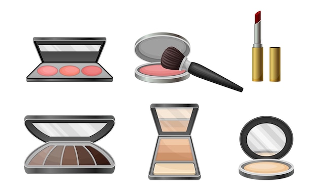 Cosmétiques décoratifs ou cosmétiques de couleur avec ombrage oculaire et ensemble vectoriel de poudre faciale