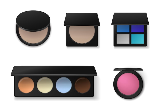 Cosmétiques professionnels palettes de fard à paupières ou de correcteur réalistes poudre pour le visage et fard à joues collection de produits de maquillage colorés contenants isolés avec peintures décoratives ensemble d'accessoires de beauté vectoriel