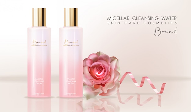 Cosmétiques réalistes pour la peau, eau nettoyante micellaire, emballage de bouteille rose