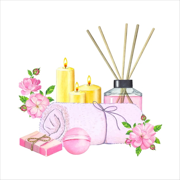 Cosmétiques de spa avec serviette et diffuseur bougies savon rose illustration à l'aquarelle dessinée à la main