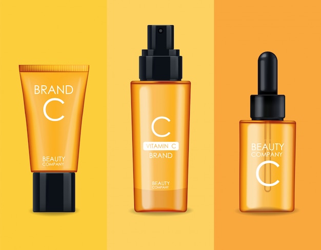 Cosmétiques à la vitamine C, ensemble masque, crème et sérum, entreprise de beauté, flacon de soins de la peau, emballage réaliste et agrumes frais, essence de traitement, cosmétiques de beauté