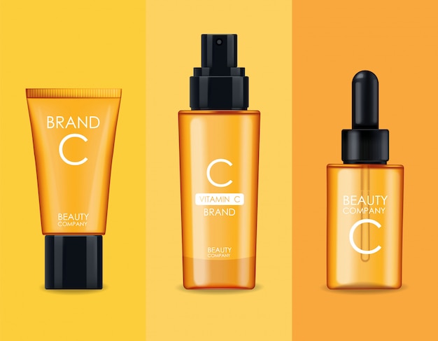 Cosmétiques à La Vitamine C, Ensemble Masque, Crème Et Sérum, Entreprise De Beauté, Flacon De Soins De La Peau, Emballage Réaliste Et Agrumes Frais, Essence De Traitement, Cosmétiques De Beauté