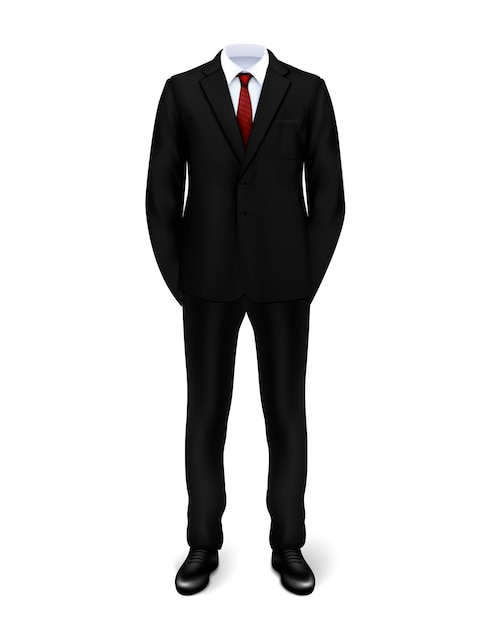 Vecteur costume homme noir mis sur mannequin invisible ou figure masculine sur illustration vectorielle réaliste fond blanc