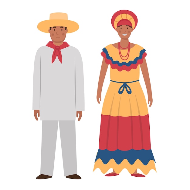 Costumes de dessin animé pour hommes et femmes du personnage colombien pour enfants Illustration vectorielle plane