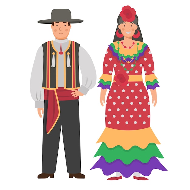 Vecteur costumes de dessin animé pour hommes et femmes du personnage espagnol pour enfants illustration vectorielle plane