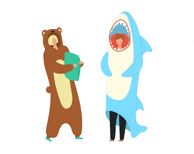 Vecteur costumes de fête personnes habillées en grenouillères représentant des personnages d'ours et de requins illustration de dessin animé plat.