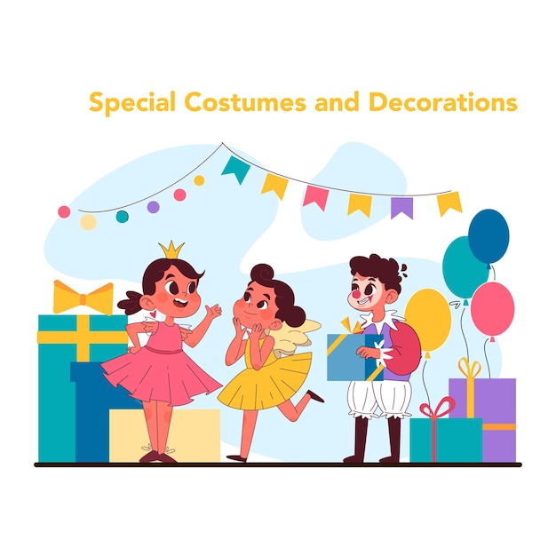 Costumes Spéciaux Et Décorations Concept Enfants En Tenue De Fête Avec En Arrière-plan Des Ballons Et